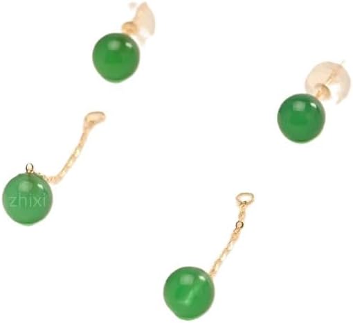 Zhixi 18K Yellow Gold Drop Earrings, Green Agate Round Beads, 5-6MM, Long Chain, Fashion Wedding Party Gift for Women