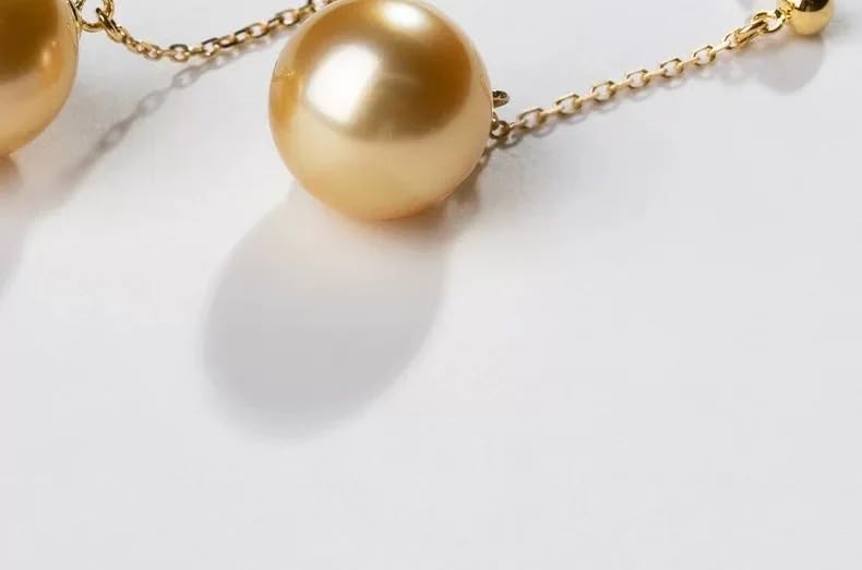 Natural Seawater Gold Pearl Drop Earrings, 18K Gold Long Chain Dangle Earrings with Pure Gold Pins for Women