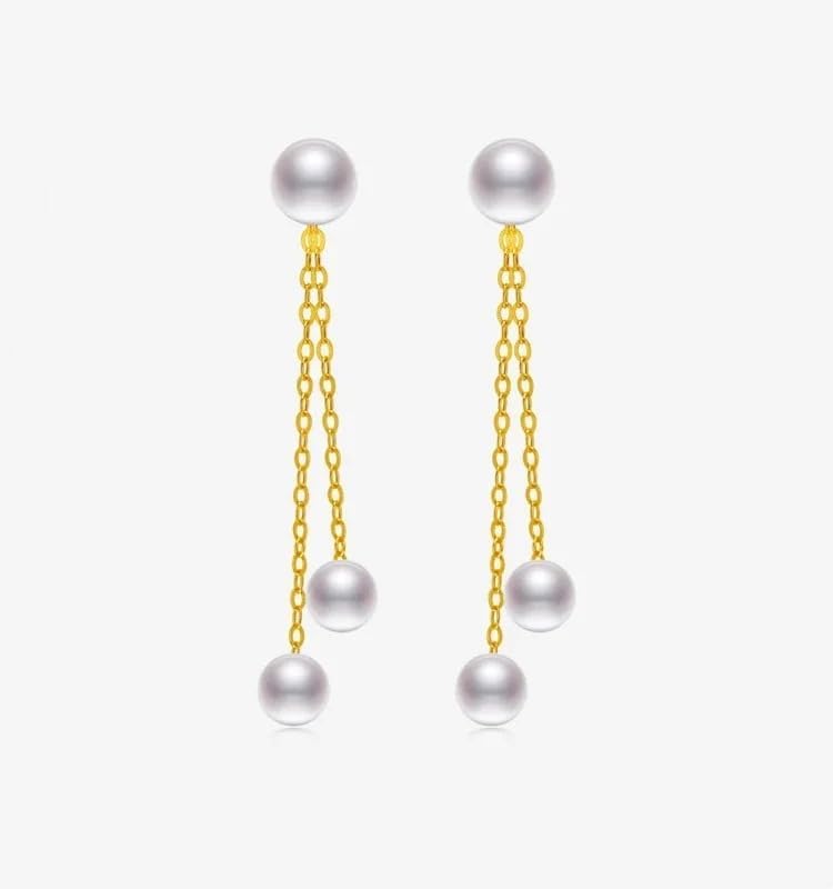 18K Gold Pearl Drop Earrings, AKoya Round Seawater Pearl, Dangle Chain Style, Wedding Gift for Women