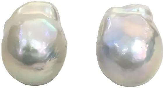 Natural Freshwater Baroque Pearl Stud Earrings, White Lustrous, Pear Shaped, Fire Ball Style, Special Tissue Nucleated