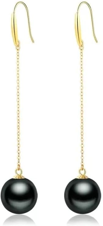 Tahitian Black Pearl Drop Earrings, 18K Gold Plated, Long Dangle Chain Style, Fashion Jewelry for Women