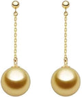 Natural Seawater Gold Pearl Drop Earrings, 18K Gold Long Chain Dangle Earrings with Pure Gold Pins for Women
