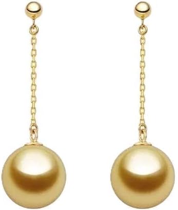 Natural Seawater Gold Pearl Drop Earrings, 18K Gold Long Chain Dangle Earrings with Pure Gold Pins for Women