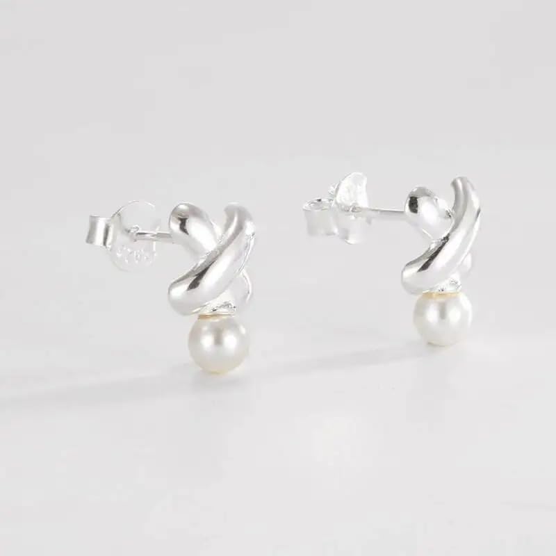 925 Sterling Silver X Cross Pearl Stud Earrings