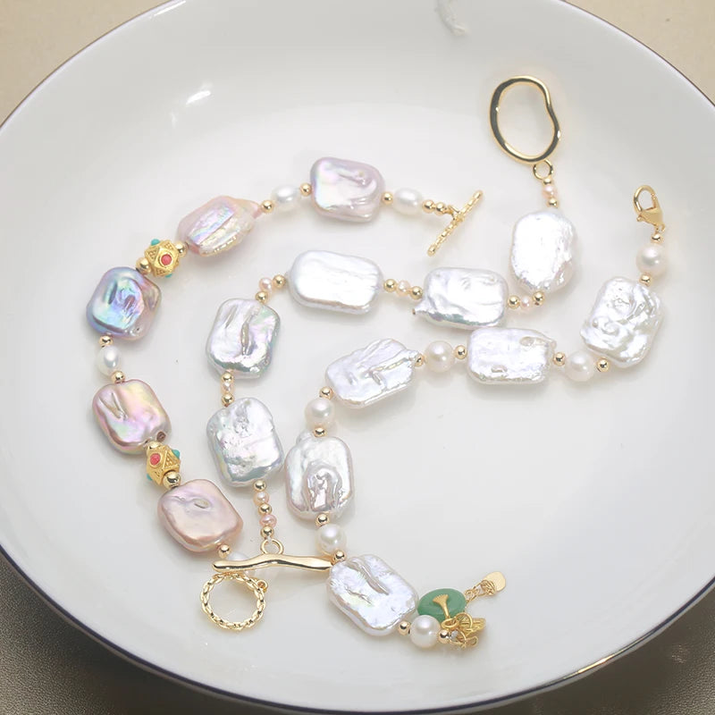 Natural freshwater Baroque Pearl bracelet white color square pearls 14k gold filled OT buckle bracelet ladies gift 16-18cm HI