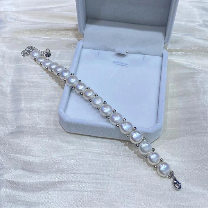 Baroque Pearl AA 8-9mm Natural Freshwater White Big Pearl Adjustable Chain Link Bracelet