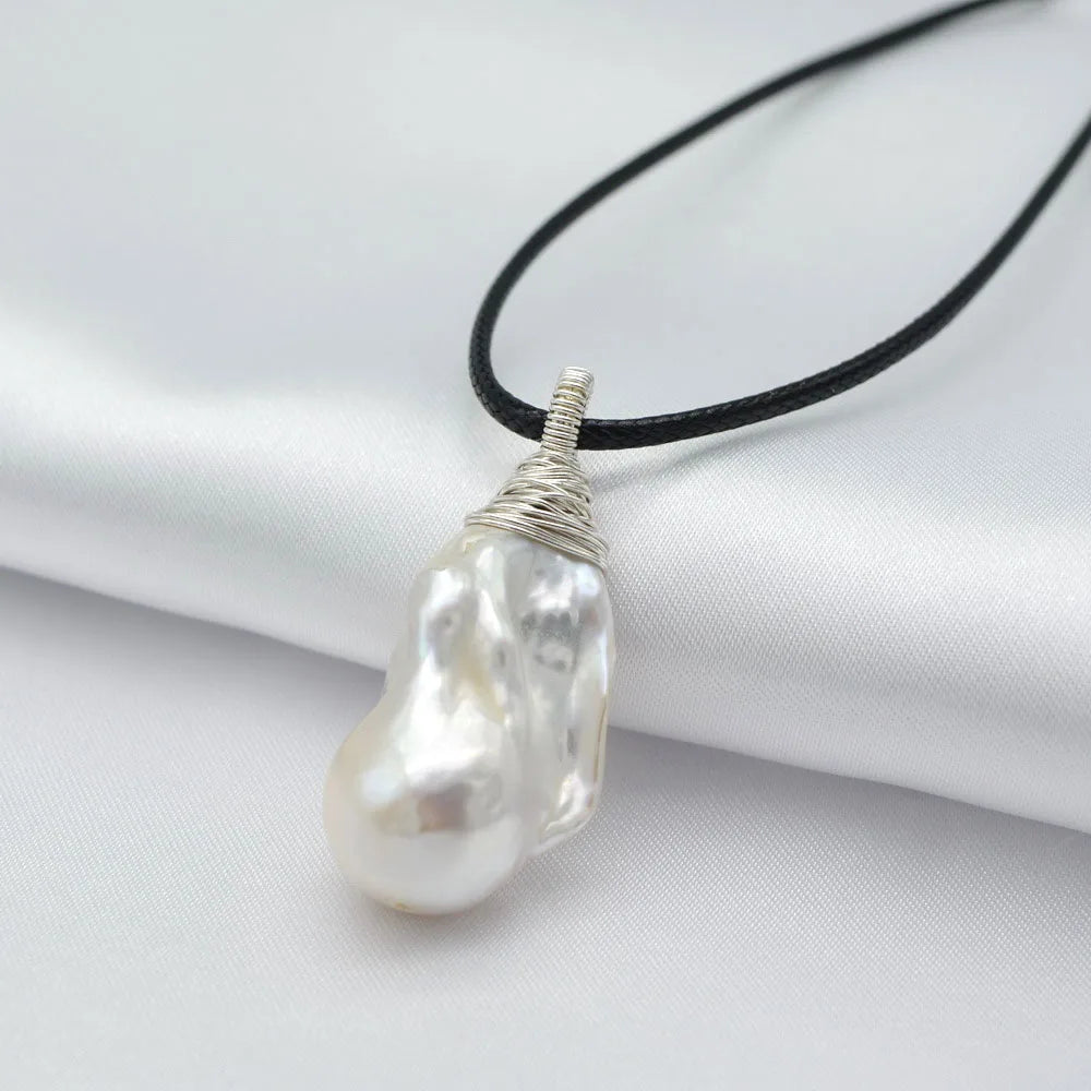 Women's Pendant White Large Baroque Pearl Sterling Silver Pendant Drop Shape Pearl Pendant Black Rope Necklace Free Shipping
