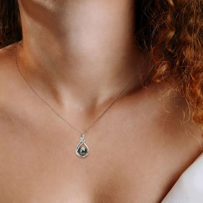 Round Tahitian Black Pearl Moissanite Infinity  925 SilverPendant Necklace