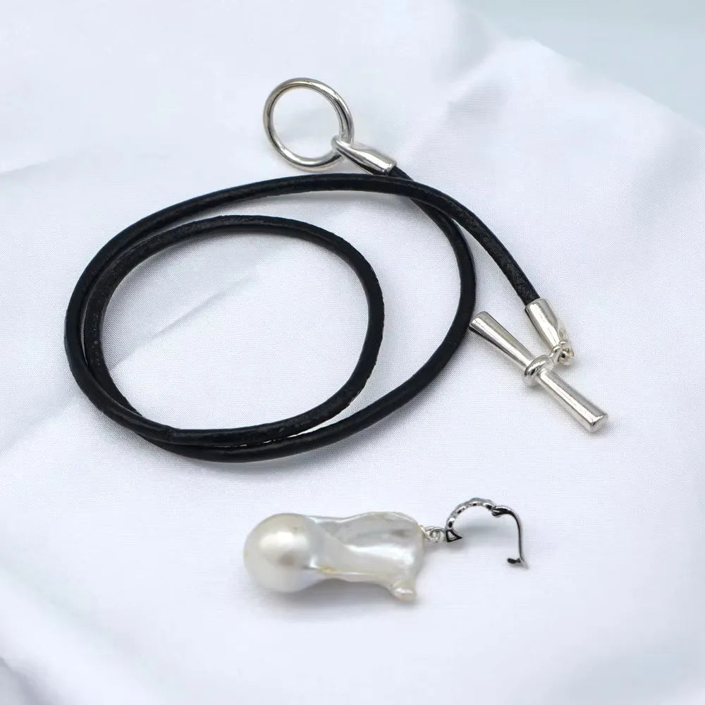 White Natural Baroque Large Pearl Pendant OT Buckle Black Leather Necklace