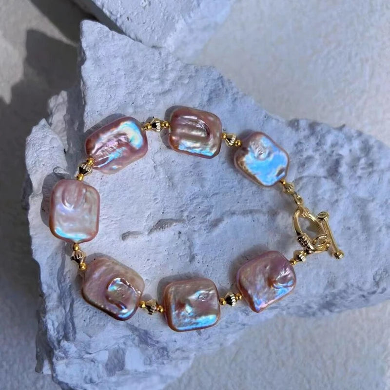 Natural Freshwater 15-20mm Colorful Pink Purple Baroque Sugar Pearl Bracelet