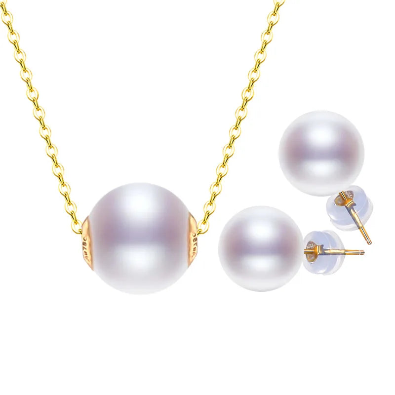 18K Gold  Natural Freshwater Necklace Pendant Earrings AU750 Round