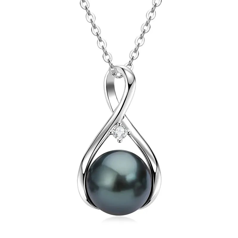 Round Tahitian Black Pearl Moissanite Infinity  925 SilverPendant Necklace