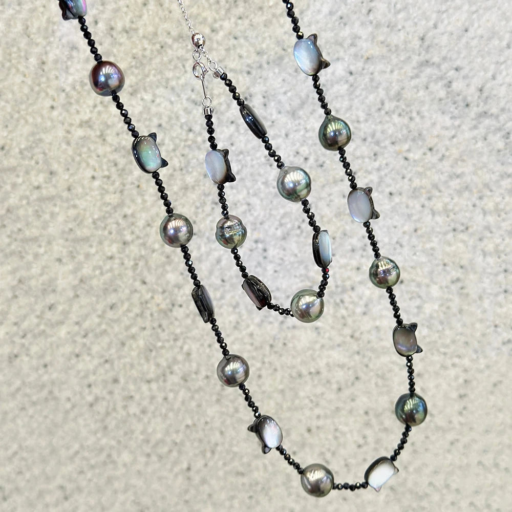 9-10mm Tahitian Black Pearl with 925 Silver Necklace and Bracelet Jewelry Set