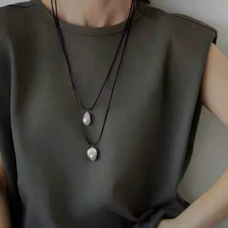 Natural Freshwater Baroque Pearl Pendant Necklace Black Rope