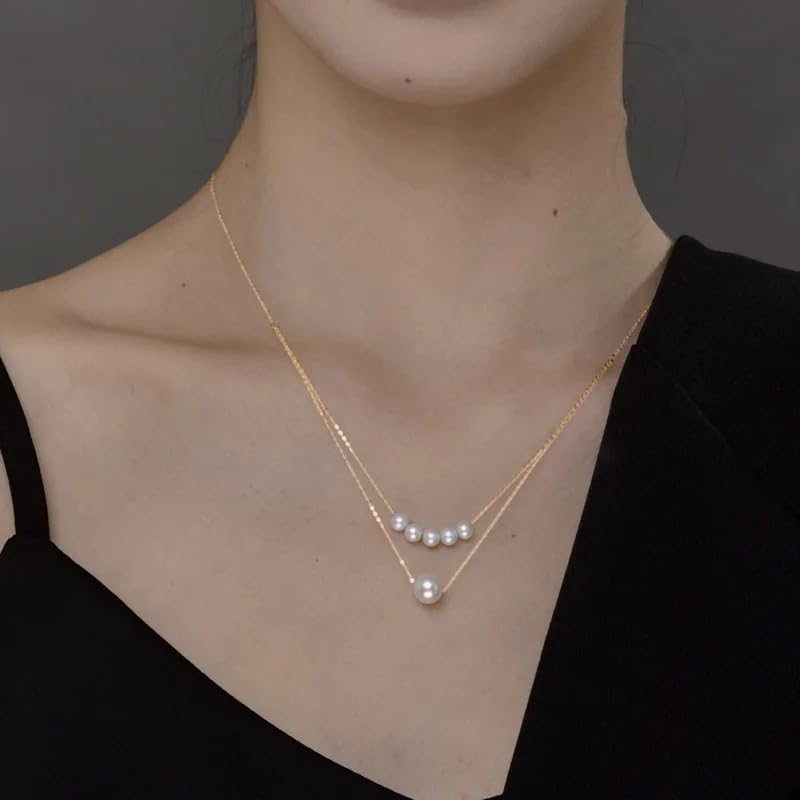 Natural White Round Akoya Pearl Real 18K Gold Necklace For Women