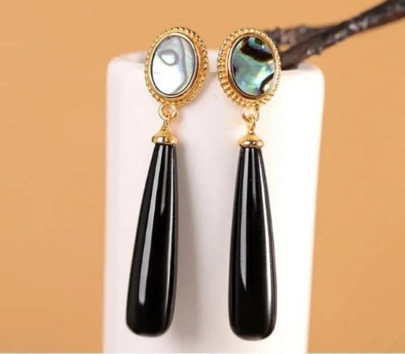 Vintage Gold Abalone Shell Drop Earrings, Oval Iridescent Stone with Black Onyx Teardrop Dangle, Statement Jewelry