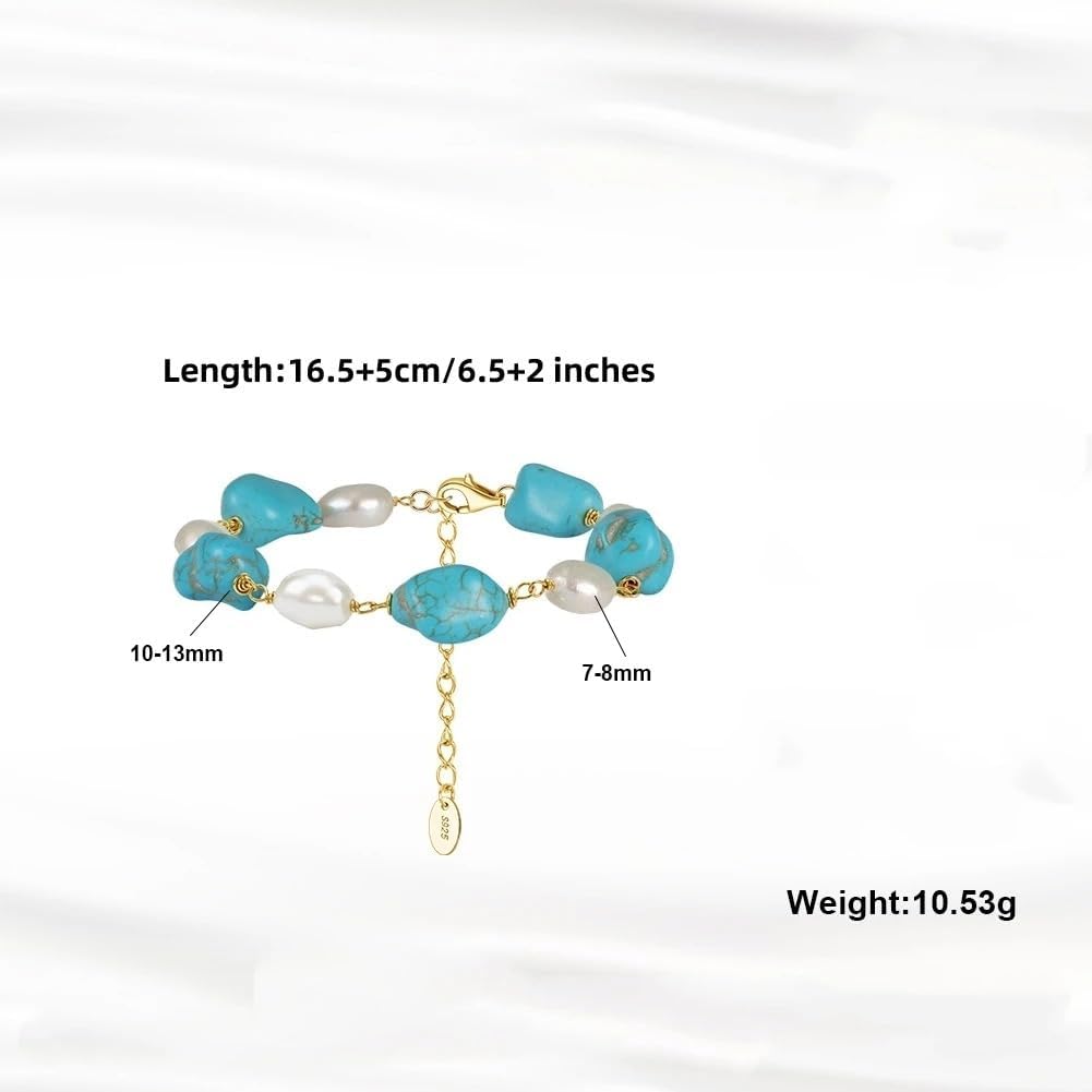 925 Silver Gold Plated Turquoise Stone White Pearl Strand Bracelet