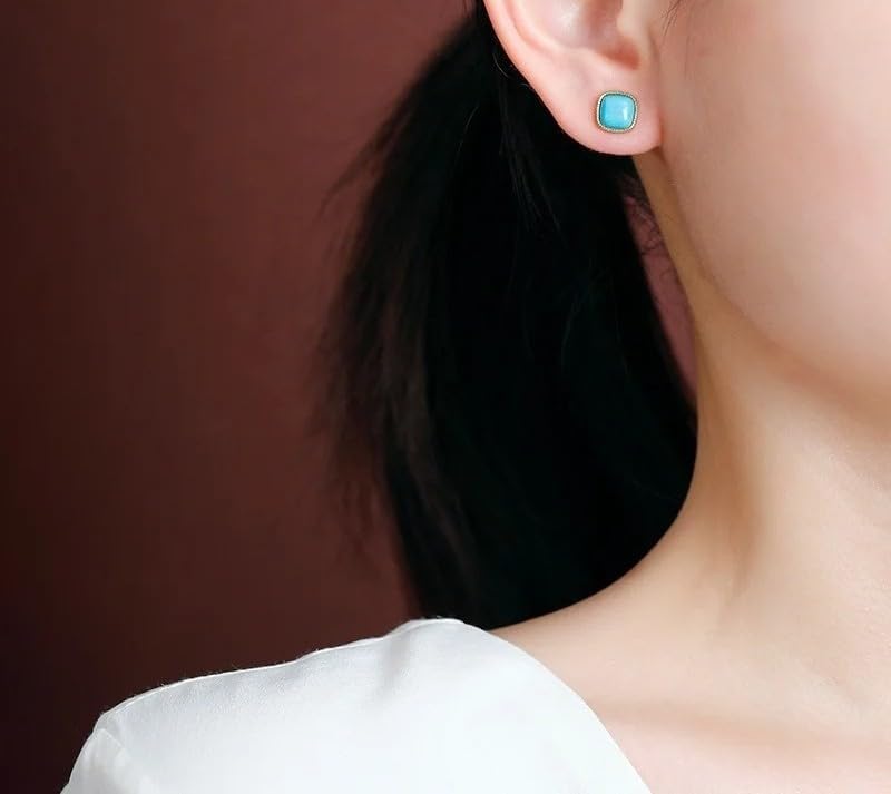 925 Silver Gold Plated Turquoise Square Stud Earrings