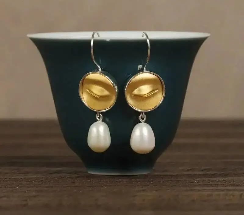 925 Silver Two Tone Natural Pearl Dangle Earrings with Buddha Statues