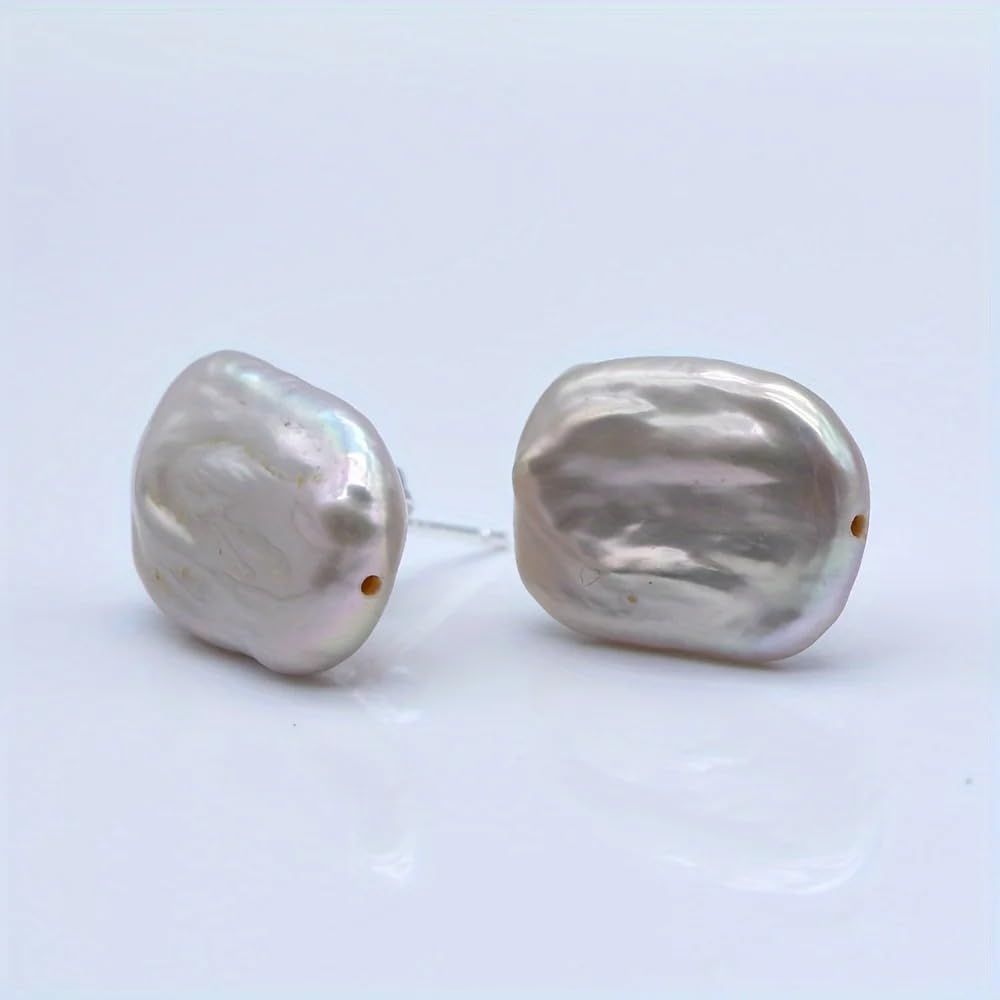 Natural Baroque Pearl Stud Earrings, White Rectangular Shape, Fashion Jewelry for Women