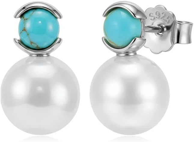 Big Pearl Ball Charm Round Turquoise 925 Sterling Silver Stud Earrings