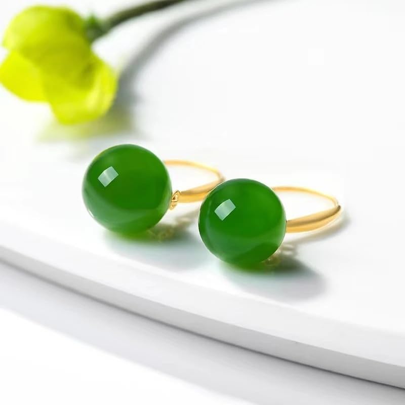 18K Gold Natural Green Chalcedony Drop Earrings, Elegant Dangle Style with Round Gemstone Beads