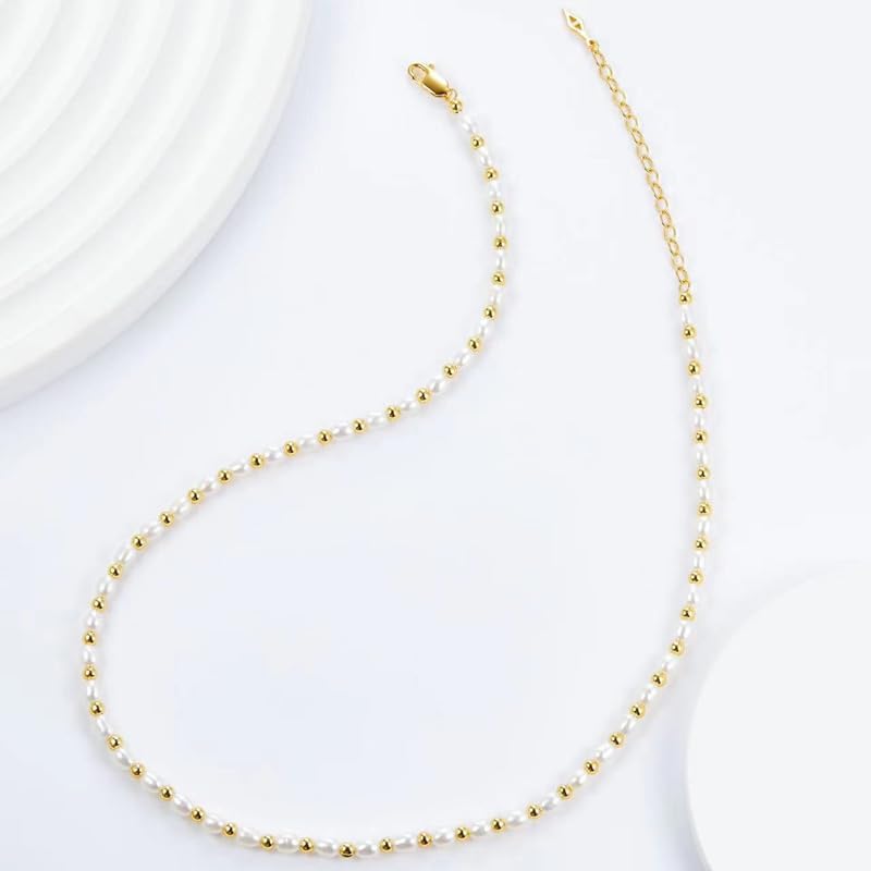 Natural Freshwater Pearl S925 Silver Gold Plated Beads Strand Chain Necklace For Women