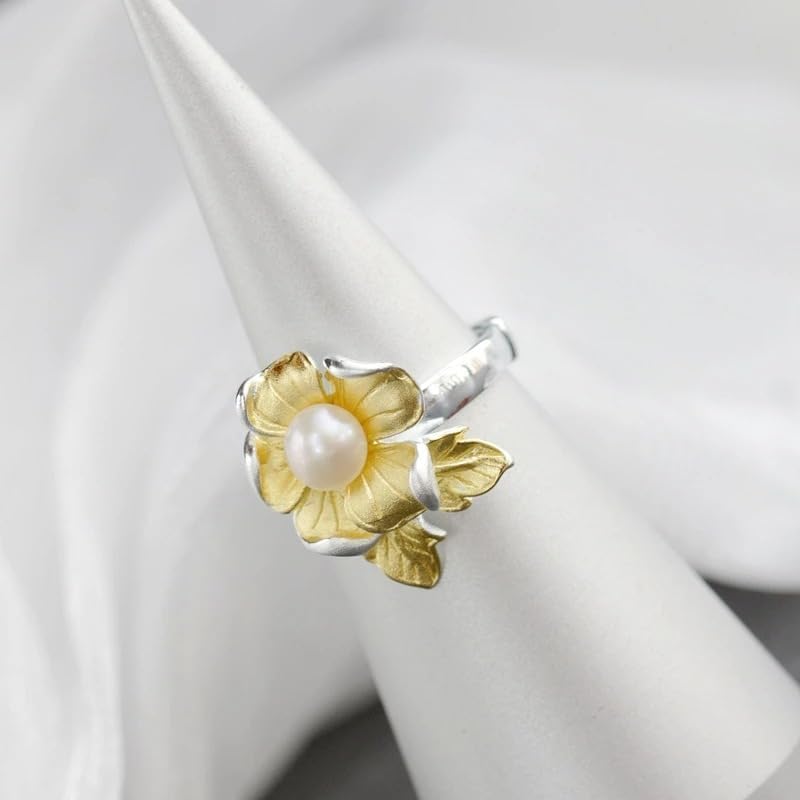 Natural Freshwater Pearl 925 Sterling Silver Ring with 18K Gold Plated Flower Design, Adjustable Open Ring
