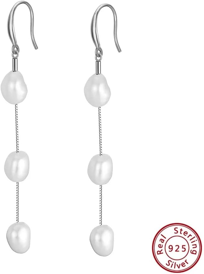 Sterling Silver Baroque Pearl Drop Earrings, Long Chain, 925 Silver