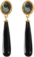 Vintage Gold Abalone Shell Drop Earrings, Oval Iridescent Stone with Black Onyx Teardrop Dangle, Statement Jewelry
