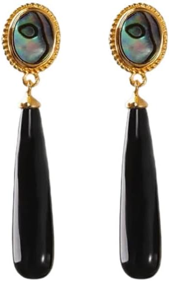 Vintage Gold Abalone Shell Drop Earrings, Oval Iridescent Stone with Black Onyx Teardrop Dangle, Statement Jewelry