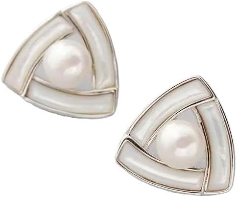 Sterling Silver Triangular Pearl Stud Earrings, Natural Freshwater Pearl Inlaid, 925 Silver Geometric Design