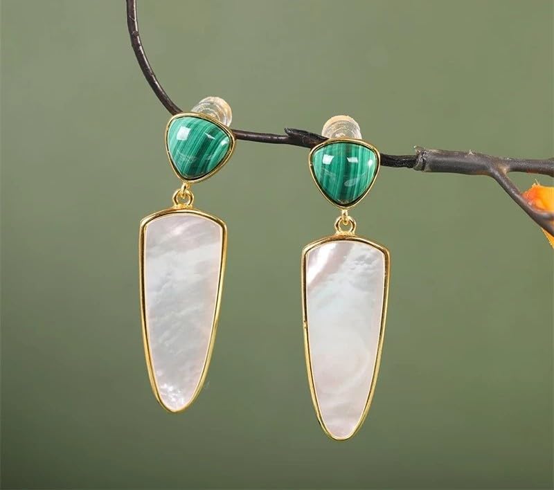 Natural Malachite White Mother of Pearl 925 Sterling Silver Dangle Earrings