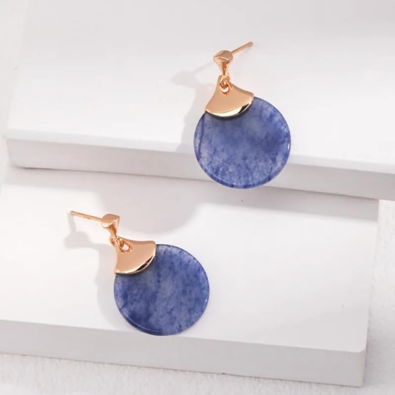 Round Blue Aventurine Stone 925 Silver Teardrop Dangle Earrings