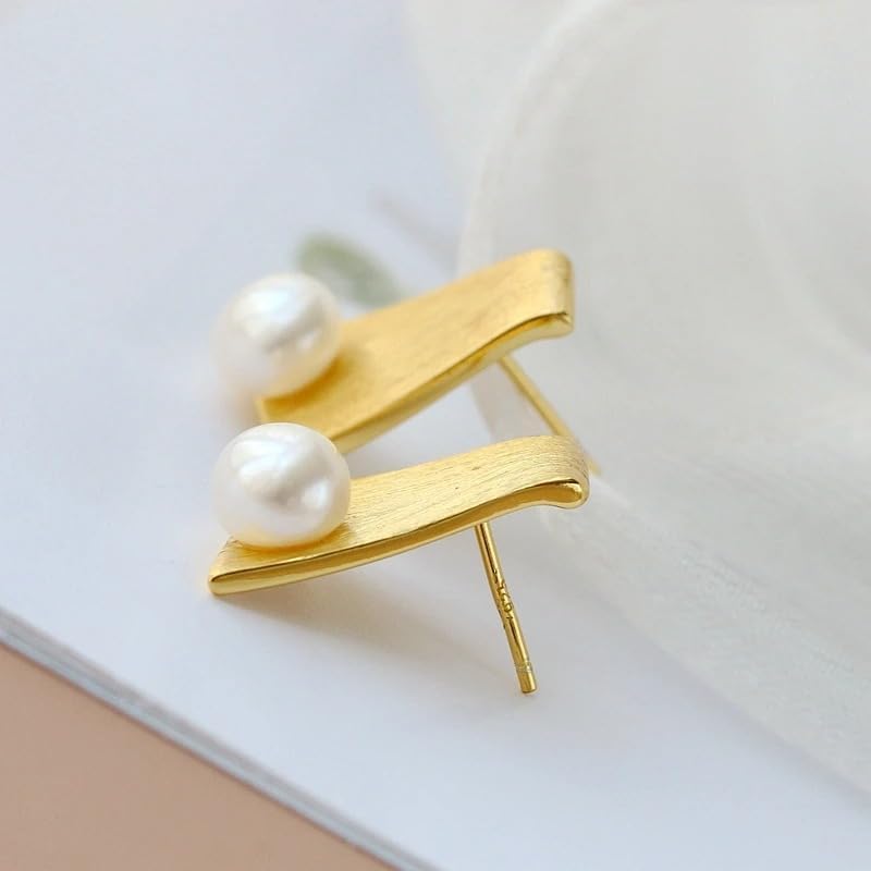 925 Sterling Silver Pearl Earrings, 18K Gold Plated Geometric Studs with Natural Freshwater Pearls, Modern Statement Jewelry