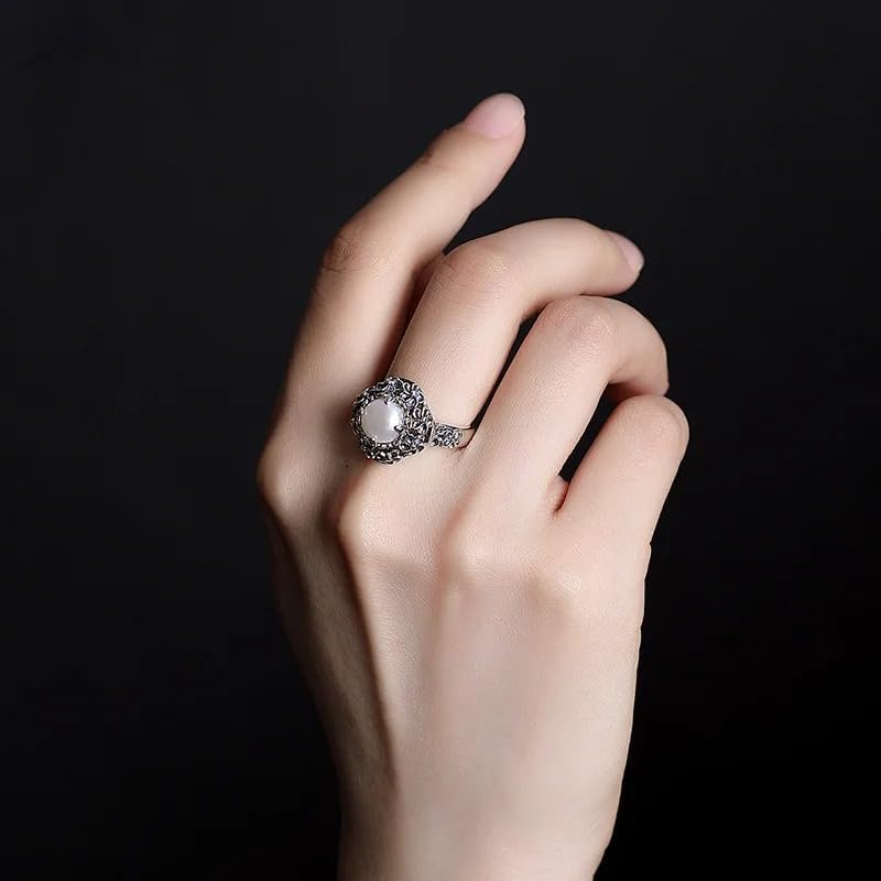 Generic 925 Sterling Silver Round Freshwater Pearl Vintage Hollowed Out Flowers Ring
