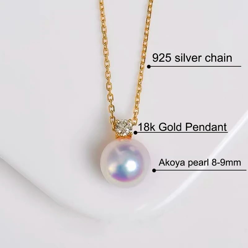 18k Gold Natural Akoya Pearl Pendant with 925 Sterling Silver Chain
