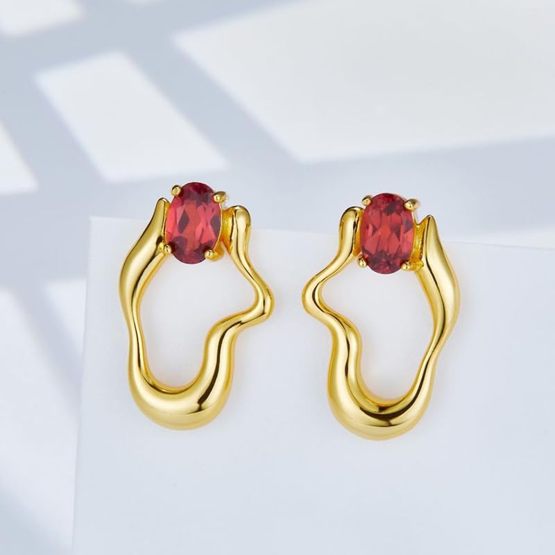 Natural Garnet S925 Silver Gold Plated Earrings For Women Irregular Geometric Unique Design Cute Chic Stud Earring