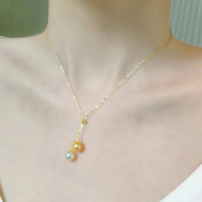 18K Gold Akoya Pearl Pendant Necklace, 7-8mm Round Dual Pearl Drop, Au750 Pure Gold Chain, Party Jewelry Gift for Women