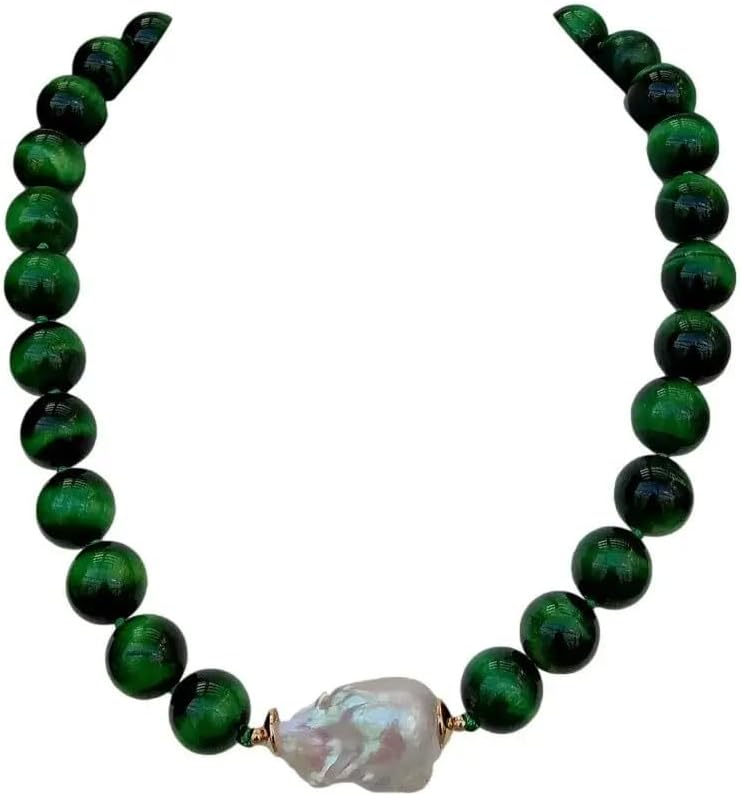 14mm Round Green Tiger Eye Cultured White Keshi Pearl Necklace