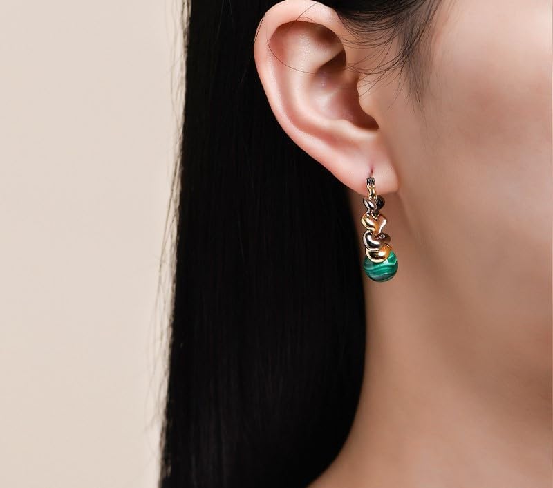 Natural Malachite 925 Sterling Silver Dangle Earrings Women Dichroic Plating Spiral Twisted Chic Earring