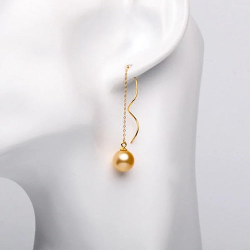 18K Gold Drop Earrings with Natural Round Southsea Pearl