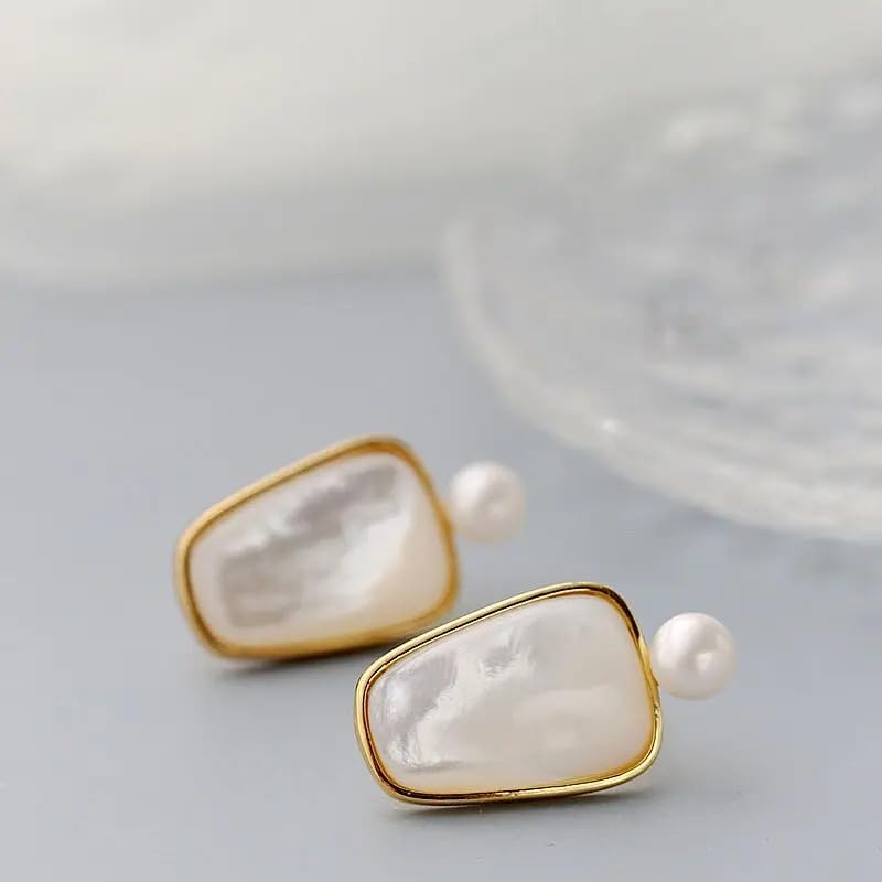 Elegant Natural Shell Earrings with Freshwater Pearl, 18K Gold Plated, White Geometric Design, Statement Drop Style