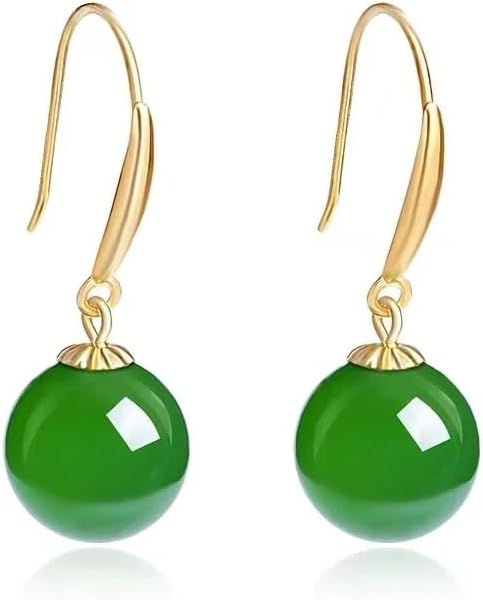 18K Gold Natural Green Chalcedony Drop Earrings, Elegant Dangle Style with Round Gemstone Beads