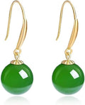 18K Gold Natural Green Chalcedony Drop Earrings, Elegant Dangle Style with Round Gemstone Beads