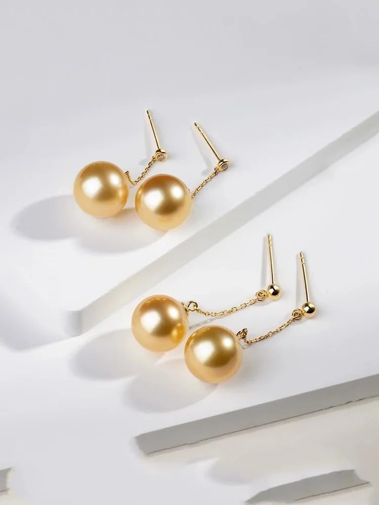 Natural Seawater Gold Pearl Drop Earrings, 18K Gold Long Chain Dangle Earrings with Pure Gold Pins for Women