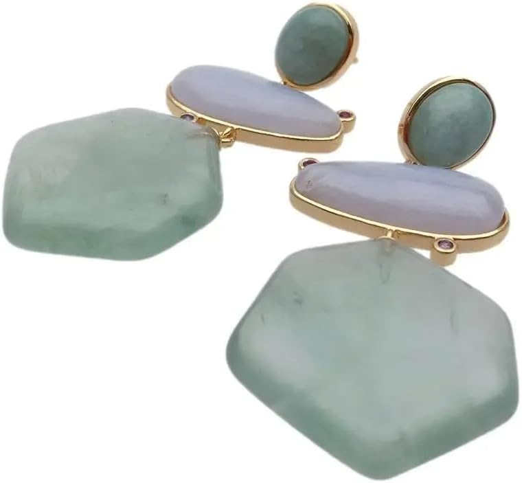 23x25mm Hexagon Shape Green Amethyst prasiolite Amazonite Lace Agate Dangle Stud Earrings