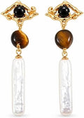 Onyx Tiger's Eye Stone 925 Silver Baroque Pearl Long Bar Earrings