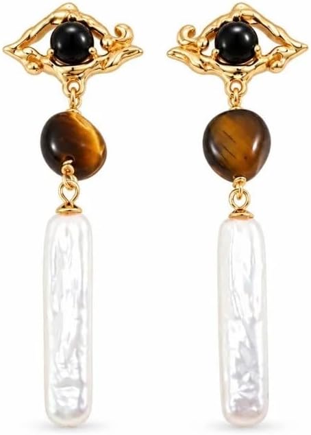 Onyx Tiger's Eye Stone 925 Silver Baroque Pearl Long Bar Earrings