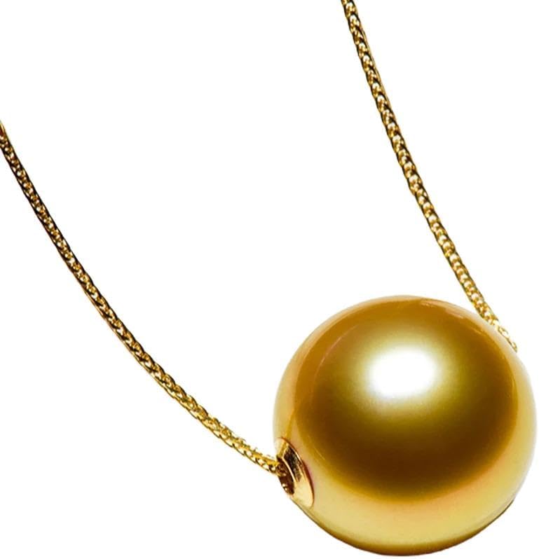 Natural South Sea Pearl Pendant Necklace, 13-14mm Golden Pearl, 18K AU750 Gold Chopin Chain